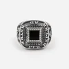 ANELLO CELEBRATIVO MASSONICO AD ASTRA IN ARGENTO CON PIETRA NERA