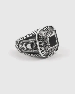 ANELLO CELEBRATIVO MASSONICO AD ASTRA IN ARGENTO CON PIETRA NERA
