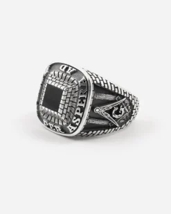 ANELLO CELEBRATIVO MASSONICO AD ASTRA IN ARGENTO CON PIETRA NERA