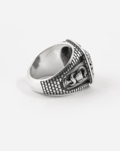 ANELLO CELEBRATIVO MASSONICO AD ASTRA IN ARGENTO CON PIETRA NERA