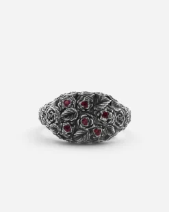 ANELLO CHEVALIER BLOODY GARDEN IN ARGENTO CON ROSE E BRILLANTI ROSSI