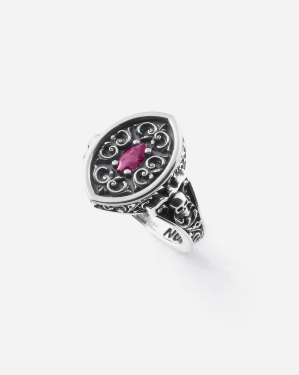 ANELLO CHEVALIER MARQUISE DECORATO BONNIE IN ARGENTO CON PIETRA ROSSA