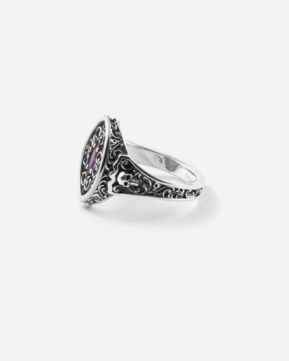 ANELLO CHEVALIER MARQUISE DECORATO BONNIE IN ARGENTO CON PIETRA ROSSA