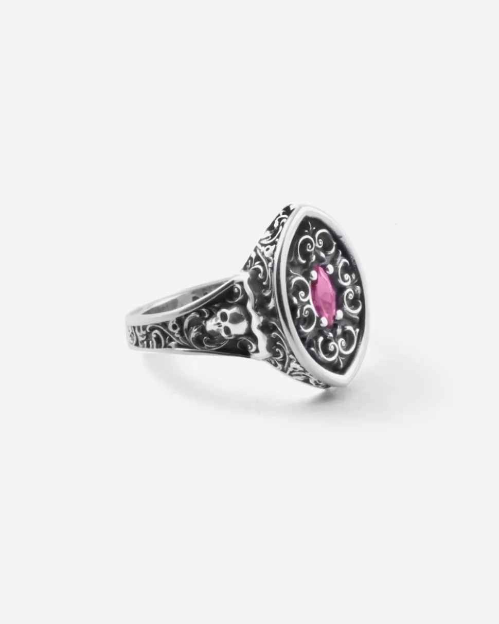 ANELLO CHEVALIER MARQUISE DECORATO BONNIE IN ARGENTO CON PIETRA ROSSA