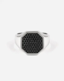 ANELLO CHEVALIER OTTAGONO IN ARGENTO CON PAVÈ DI BRILLANTI NERI