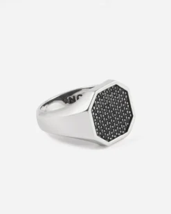 ANELLO CHEVALIER OTTAGONO IN ARGENTO CON PAVÈ DI BRILLANTI NERI