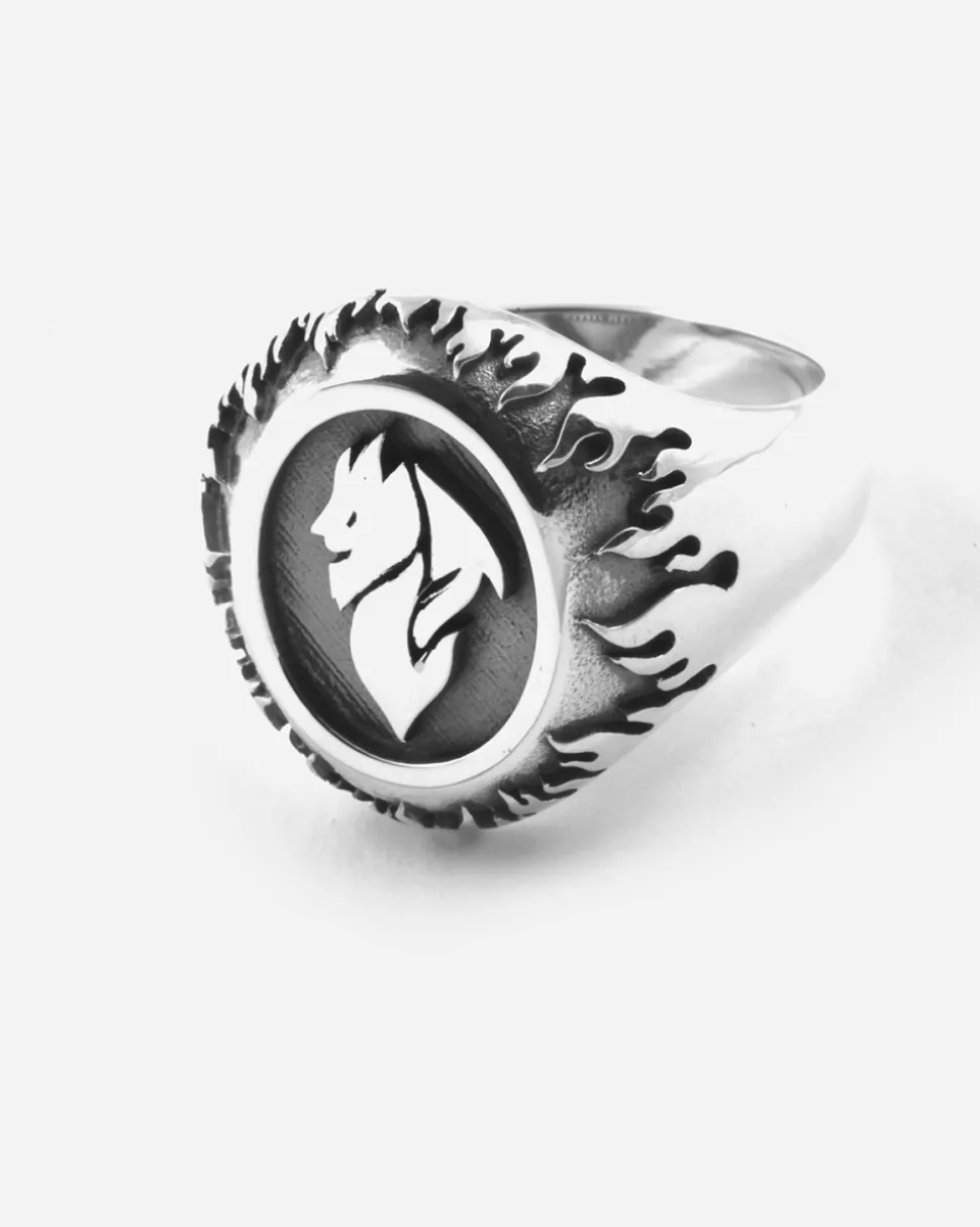 ANELLO CHEVALIER OVALE CON DIAVOLO AC MILAN E FIAMME IN ARGENTO
