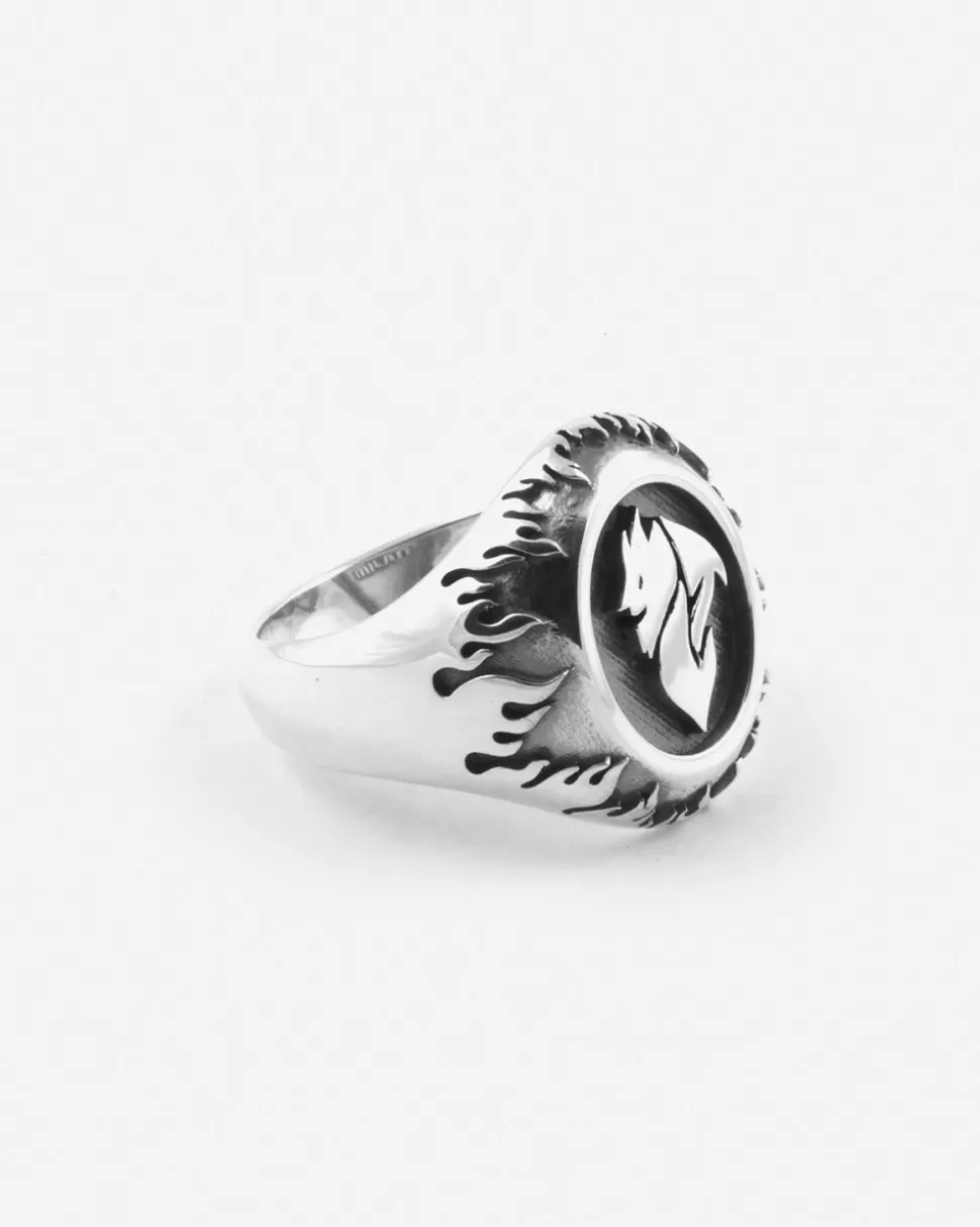 ANELLO CHEVALIER OVALE CON DIAVOLO AC MILAN E FIAMME IN ARGENTO