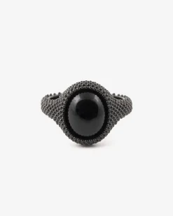 ANELLO CHEVALIER OVALE PUNTINATO TOTAL BLACK CON PIETRA NERA