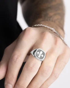 ANELLO CHEVALIER QUADRATO CON GIGLIO FIORENTINA IN ARGENTO PERSONALIZZABILE