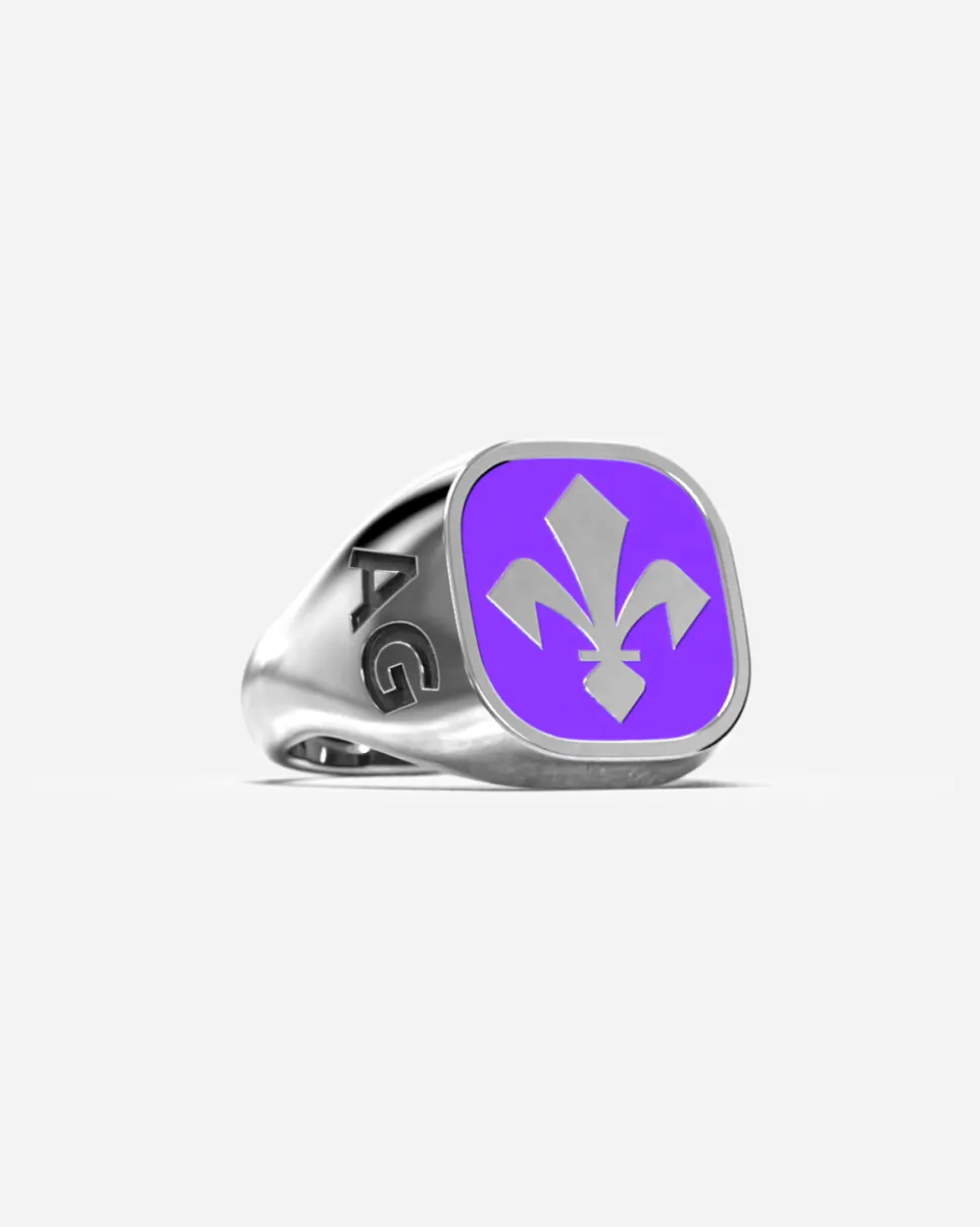 ANELLO CHEVALIER QUADRATO IN ARGENTO CON GIGLIO FIORENTINA SMALTATO PERSONALIZZABILE