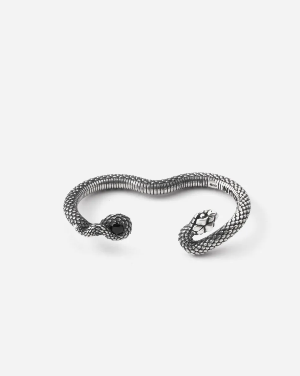 ANELLO DUE DITA SERPENTE SNAKE TWINS IN ARGENTO CON PIETRA NERA