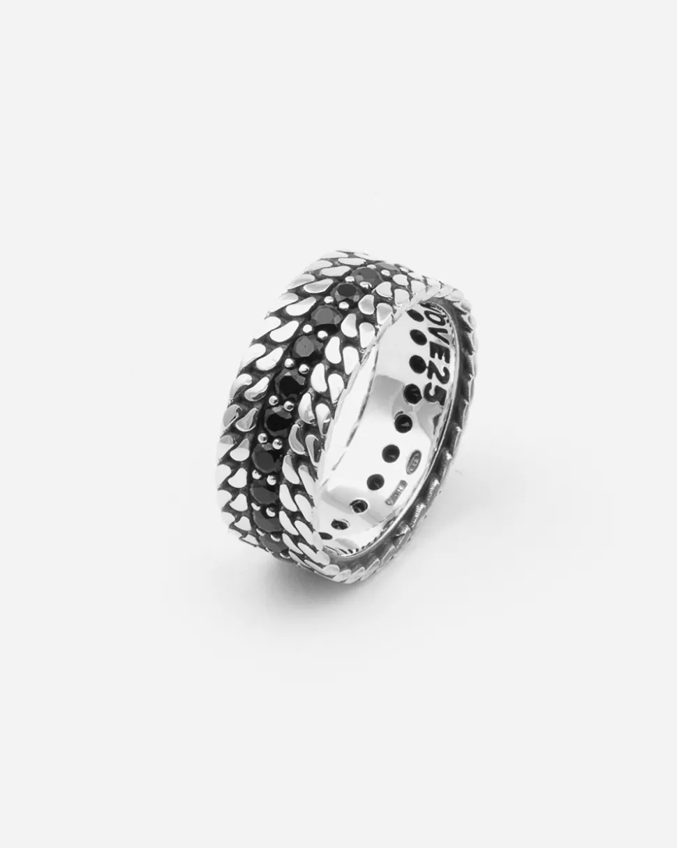 ANELLO FASCIA IN ARGENTO DOPPIA GRUMETTA PARALLEL CON BRILLANTI NERI
