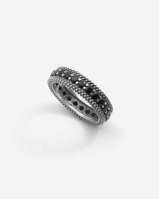 ANELLO FASCIA PUNTINATA IN ARGENTO BOLD BLACK WIND CON BRILLANTI NERI