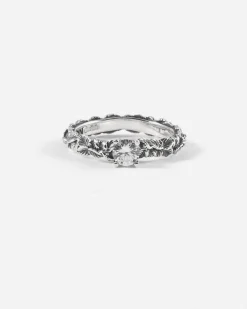 ANELLO FEDINA SOLITARIO FOGLIE IN ARGENTO CON BRILLANTE BIANCO