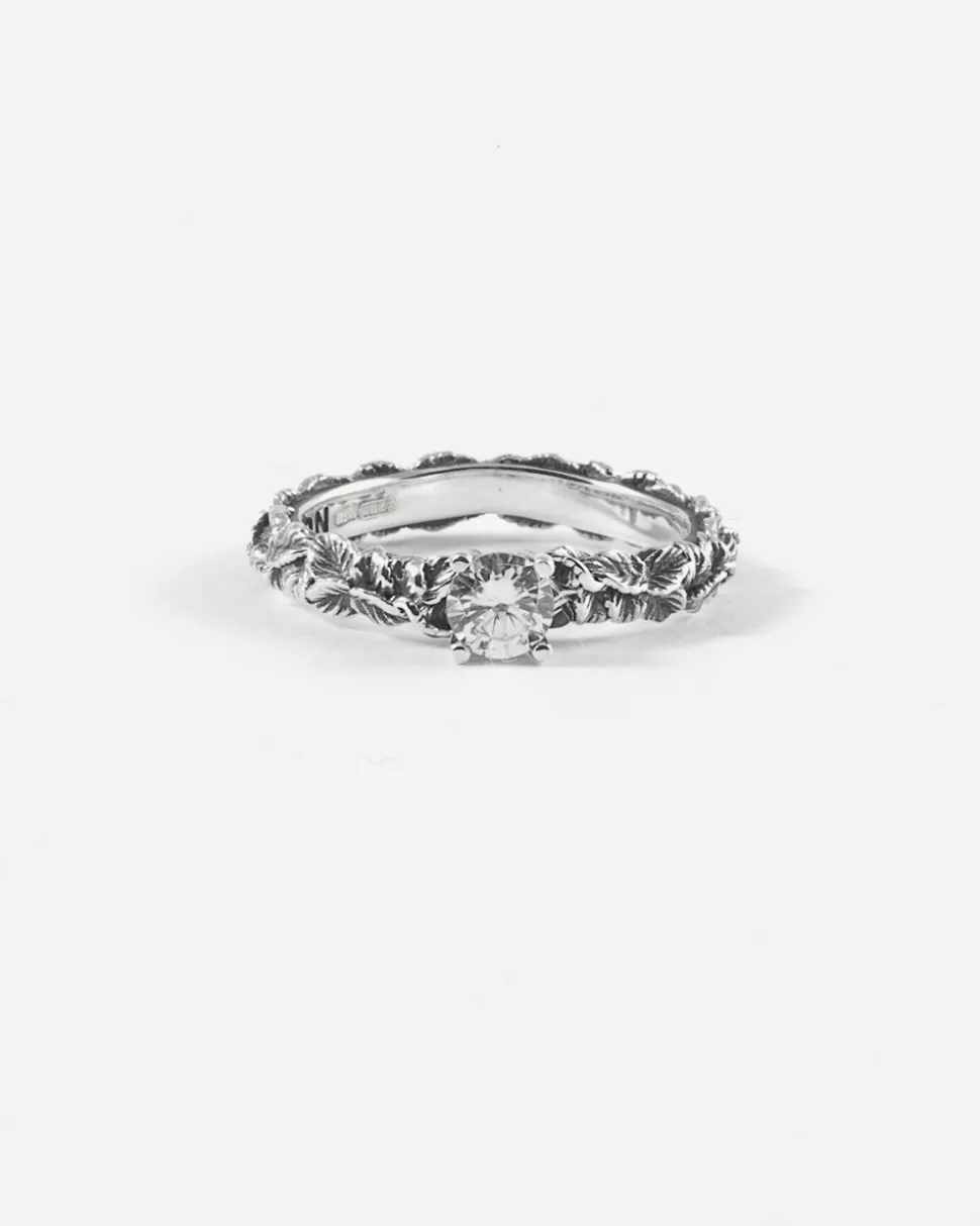 ANELLO FEDINA SOLITARIO FOGLIE IN ARGENTO CON BRILLANTE BIANCO