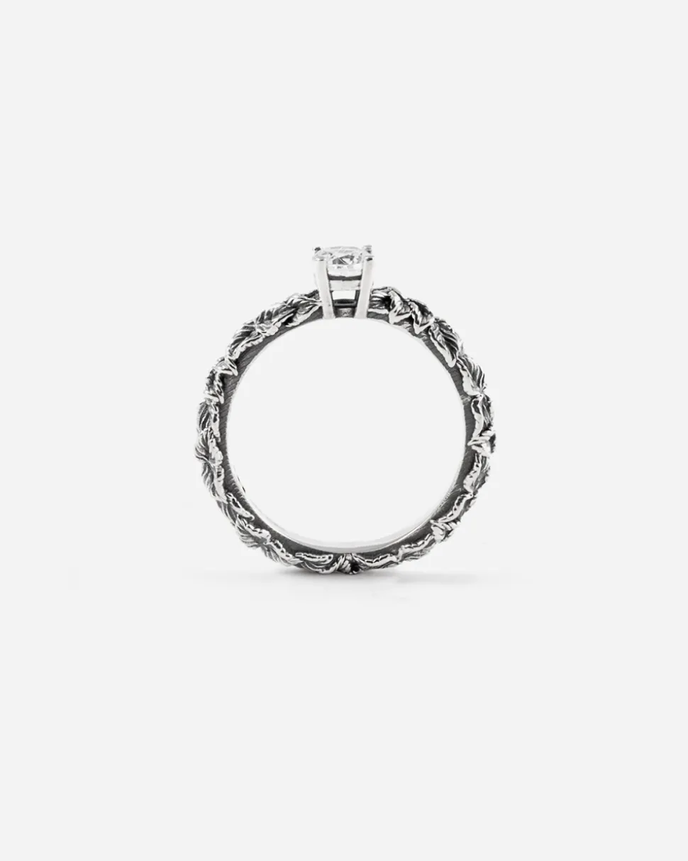 ANELLO FEDINA SOLITARIO FOGLIE IN ARGENTO CON BRILLANTE BIANCO