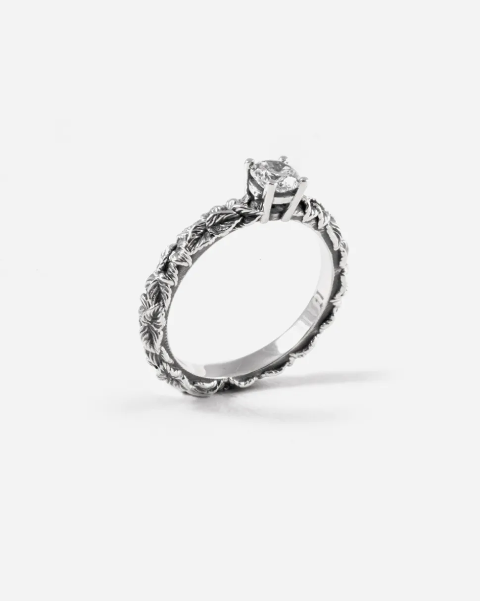 ANELLO FEDINA SOLITARIO FOGLIE IN ARGENTO CON BRILLANTE BIANCO