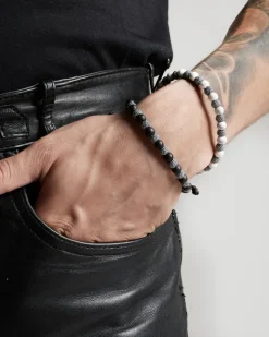 BRACCIALE BLACK SOUL IN CORDA CON PIETRE E PERLE PUNTINATE IN ARGENTO