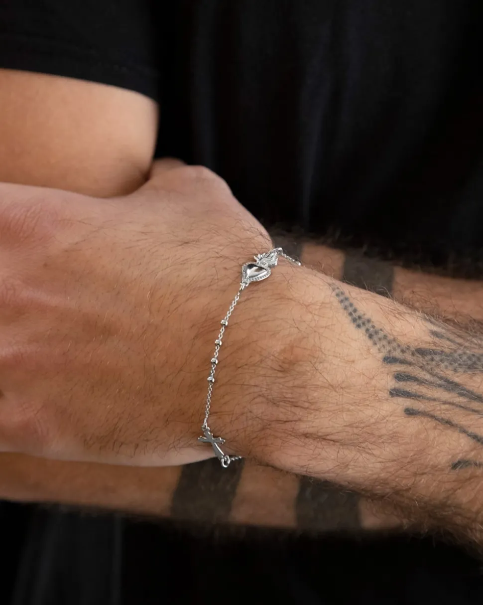 BRACCIALE ROSARIO CUORE EX-VOTO E CROCE GOTICA