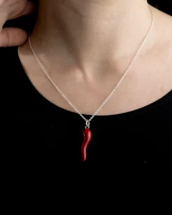 CIONDOLO CORNINO PORTAFORTUNA IN ARGENTO CON SMALTO ROSSO
