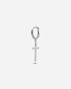 ORECCHINO A CERCHIO CON CROCE GRANDE PENDENTE IN ARGENTO RODIATO