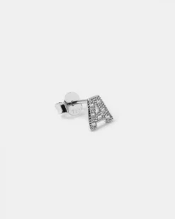 ORECCHINO A LOBO LETTERA STAMPATELLO CON BRILLANTI IN ARGENTO RODIATO