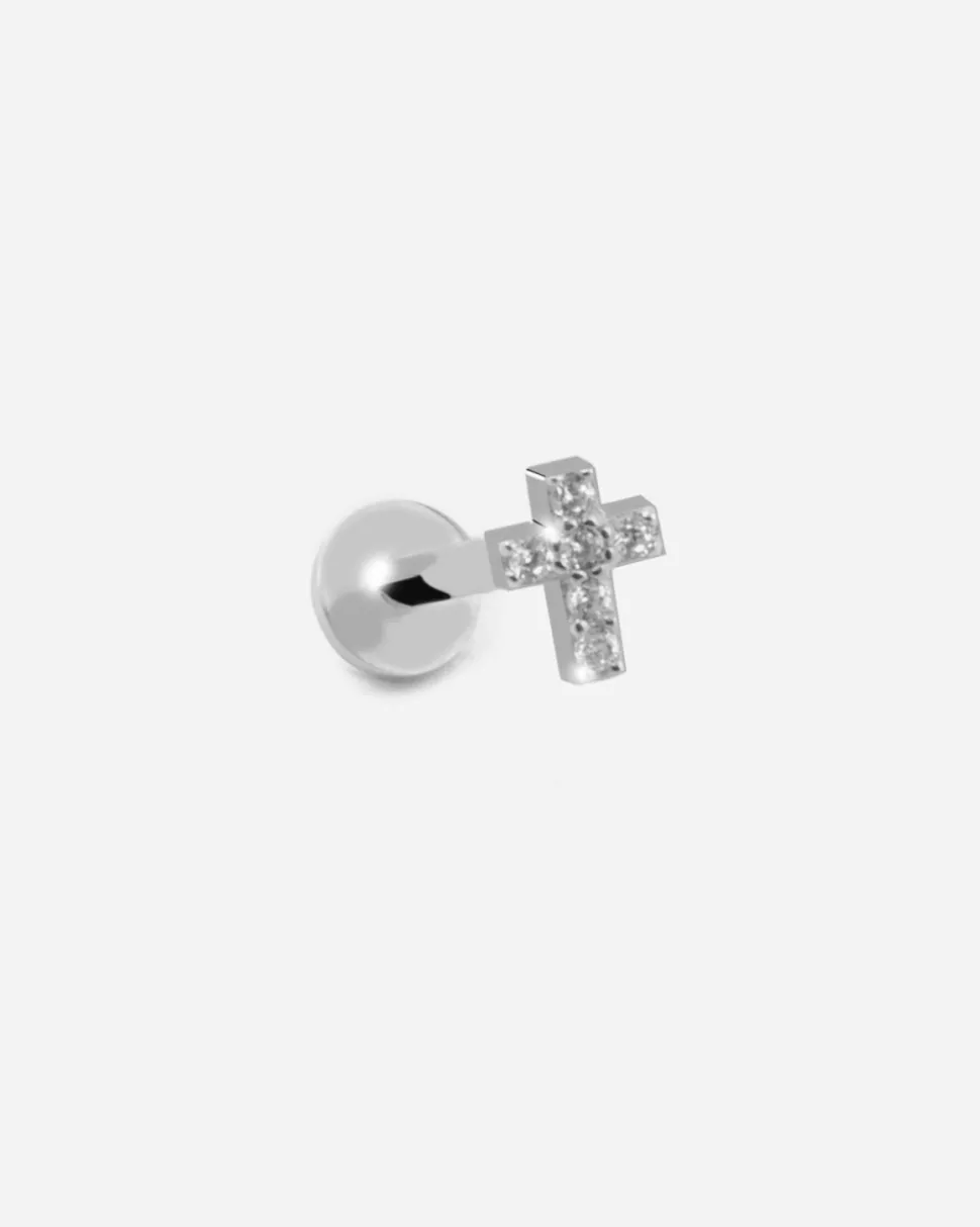 ORECCHINO PIERCING SILVER SHINY CROSS IN ARGENTO CON BRILLANTI